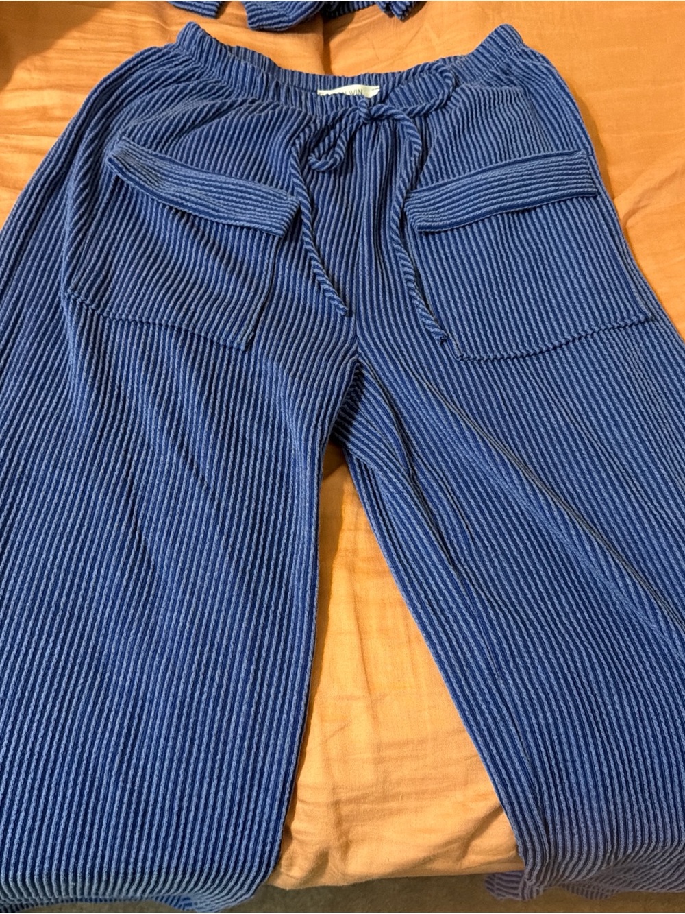 MINA MONROE Blue Ribbed Button-Up Pants Set - Picture 2 of 5